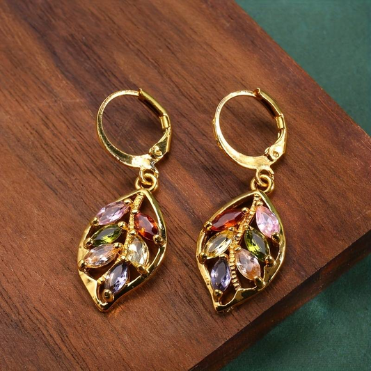 Vintage Golden Leaf Colorful Zirkonia Ohrringe